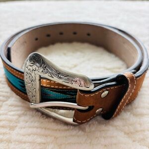 Nocona Western 34” Belt with Removable Buckle and Southwestern Woven Inlay